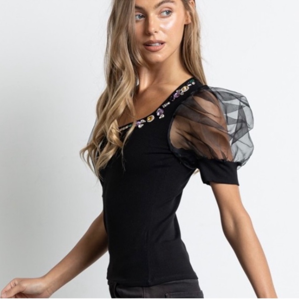 New Sheer Puff Sleeve Embellished Black Cropped Top